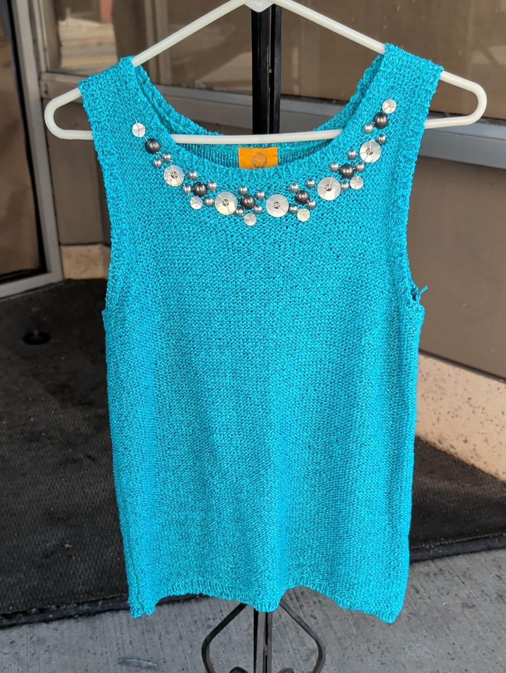 Ruby Rd. Turquoise Knit Tank with Silver Sequin & Bead Neckline